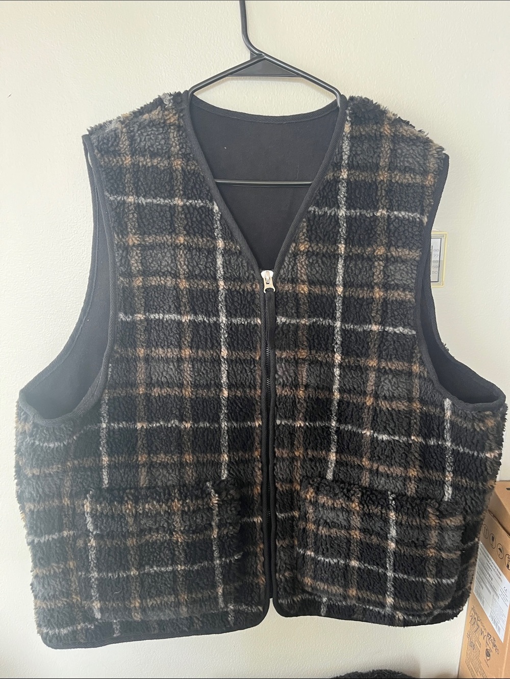 H&M Black and Brown Plaid Sherpa Vest